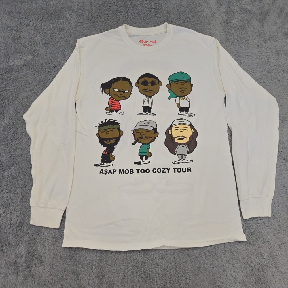 Asap MOB Too Cozy Tour Shirt White Size Small Cartoon Spoof LS Made USA
